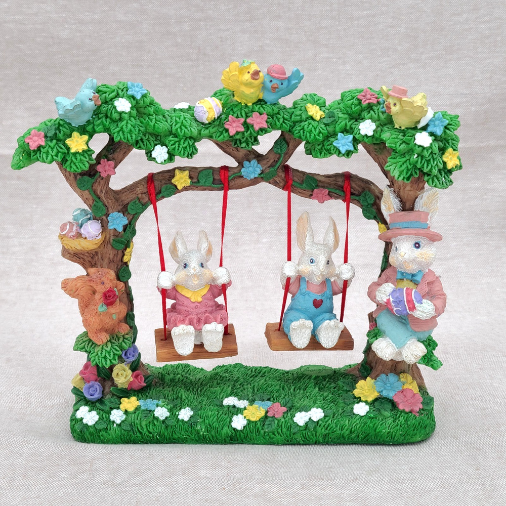 Vintage Jaimy Bunny Family On A Swing Easter Spring Holiday Decor Excellent EUC
